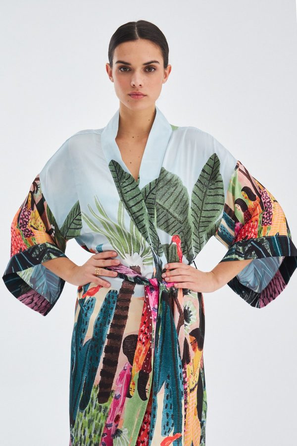 Tropik Desenli Bilek Hizası Saten Kadın Kimono Çok Renkli