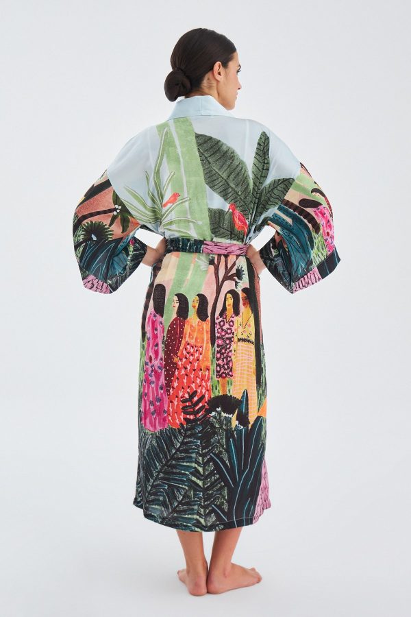 Tropik Desenli Bilek Hizası Saten Kadın Kimono Çok Renkli