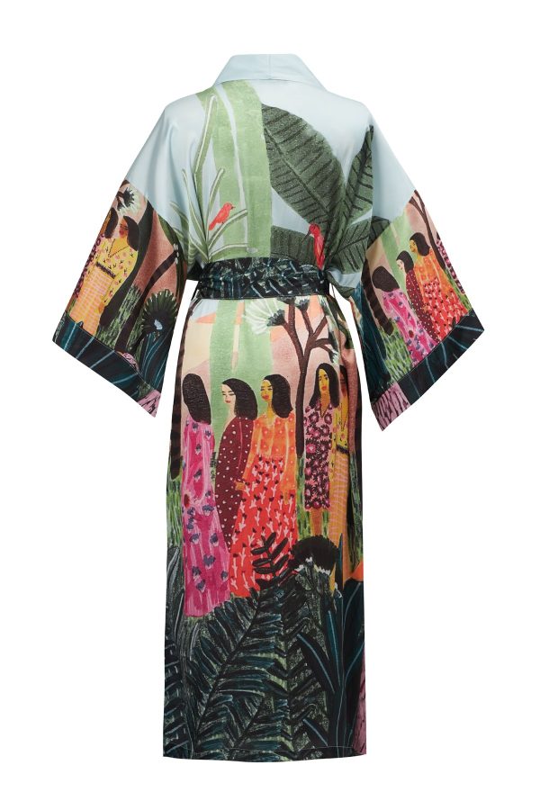 Tropik Desenli Bilek Hizası Saten Kadın Kimono Çok Renkli