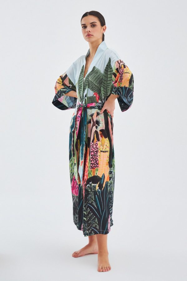 Tropik Desenli Bilek Hizası Saten Kadın Kimono Çok Renkli
