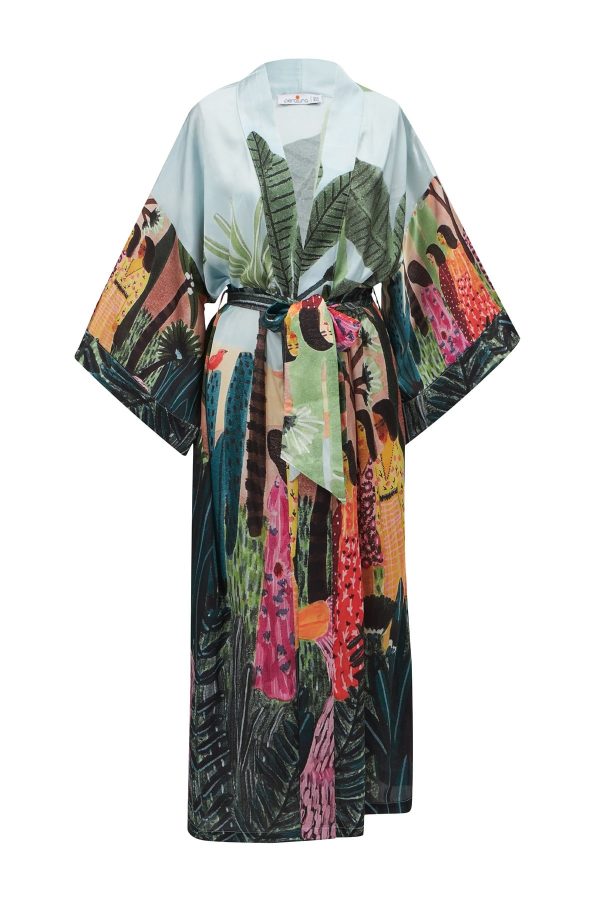 Tropik Desenli Bilek Hizası Saten Kadın Kimono Çok Renkli