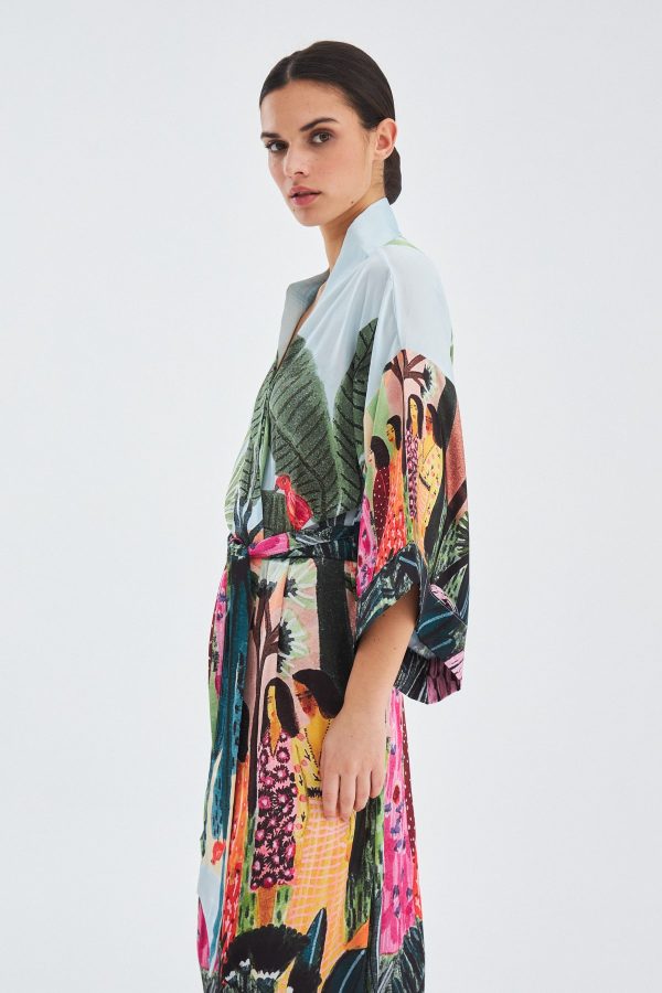 Tropik Desenli Bilek Hizası Saten Kadın Kimono Çok Renkli