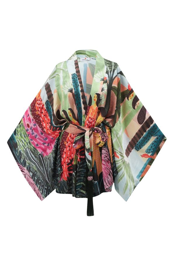 Tropik Desenli Geniş Kollu Saten Kadın Kimono Çok Renkli