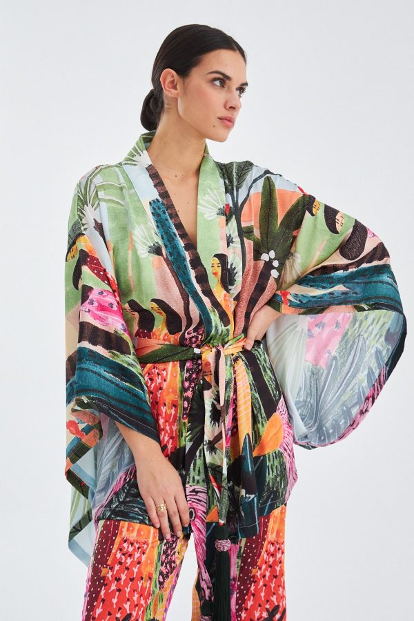 Tropik Desenli Geniş Kollu Saten Kadın Kimono Çok Renkli