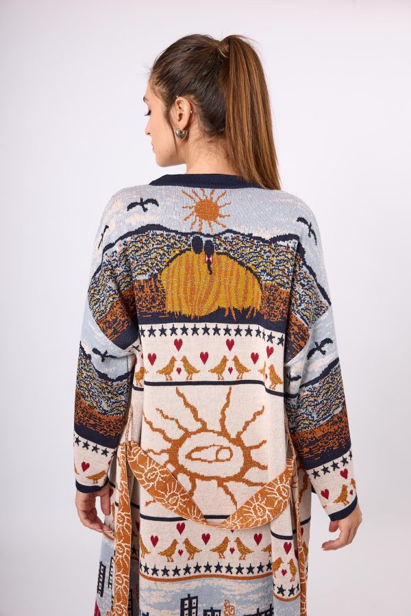 Jakarlı Kadın Uzun Triko Kimono - Lacivert Multi