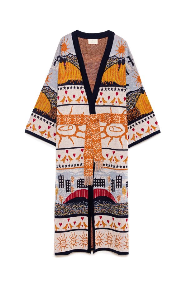 Jakarlı Kadın Uzun Triko Kimono - Lacivert Multi