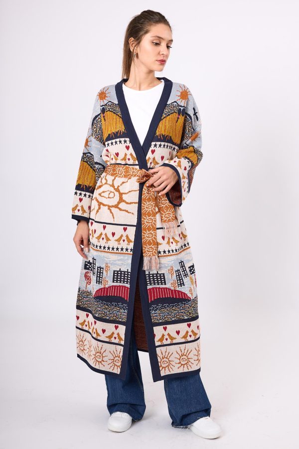 Jakarlı Kadın Uzun Triko Kimono - Lacivert Multi