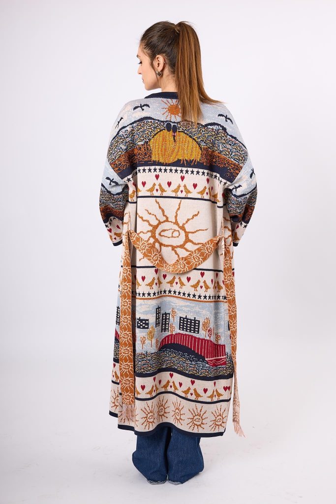 Jakarlı Kadın Uzun Triko Kimono – Lacivert Multi