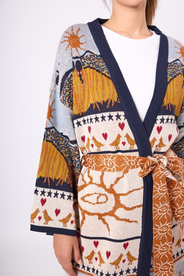 Jakarlı Kadın Uzun Triko Kimono - Lacivert Multi
