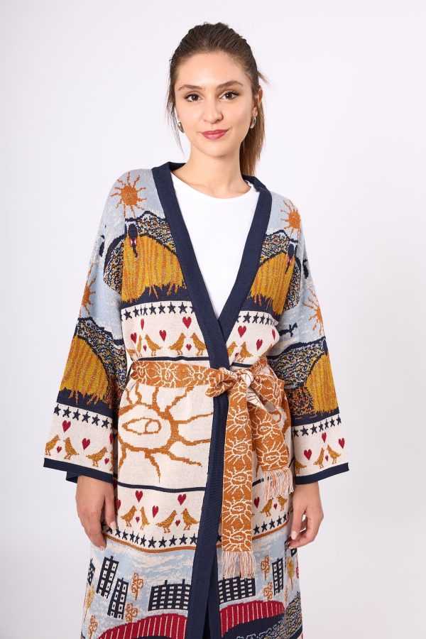 Jakarlı Kadın Uzun Triko Kimono - Lacivert Multi