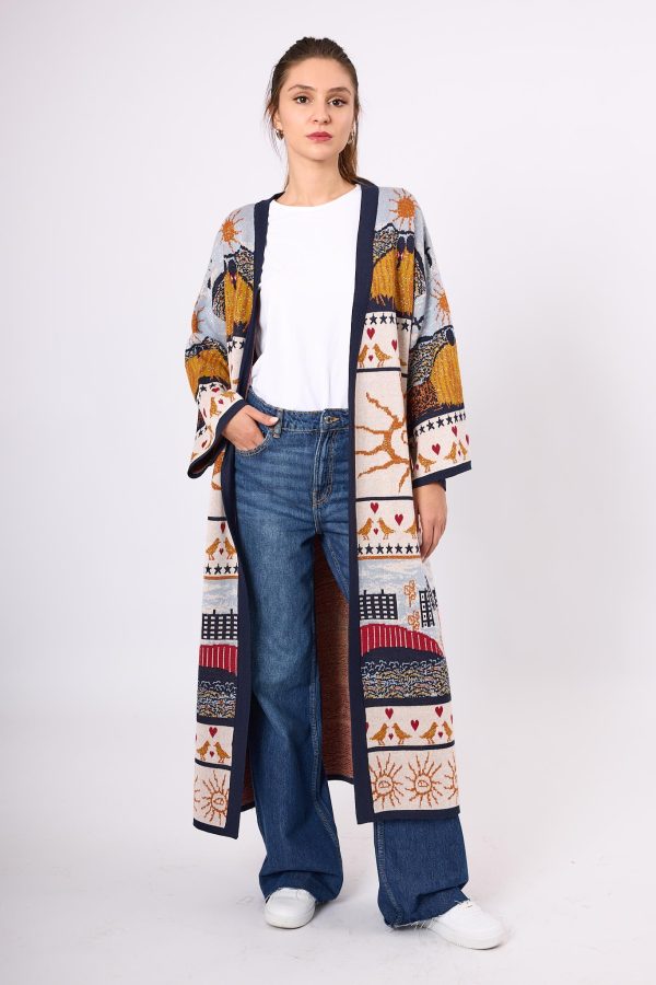 Jakarlı Kadın Uzun Triko Kimono - Lacivert Multi